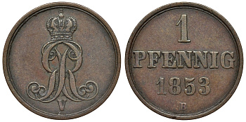 Ганновер 1 пфенниг 1853 B, Георг V KM 221, AKS 155, J. 83 медь 4594-432
