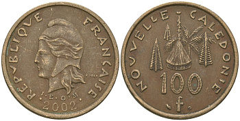 Французская Новая Каледония 100 франков 2002 хижина среди сосен и пальм, (IEOM) KM 15, Schoen 16, Lec 139f никель бронза 97-1112