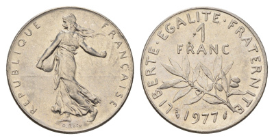 Франция 1 франк 1977 сеятель KM 925 никель 3336-931