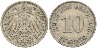 ГЕРМАНИЯ 10 ПФЕННИГОВ 1913 E KM 12, J. 13 медно-никель 33-632