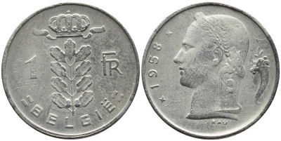 Бельгия 1 франк 1958 Belgie, Бодуэн I (1951-1993) KM 143.1 медно-никель 4388-427