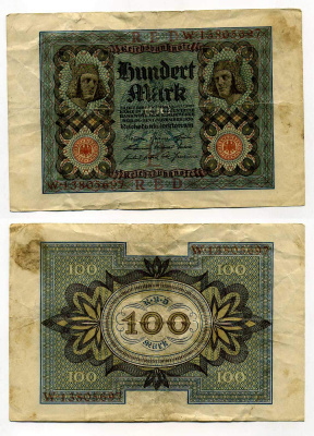 Германия 100 марок 1920 Бамбергский всадник, 8 цифр в номере Pick 69 b, Розенберг 69b бумага 8619-39-1-1