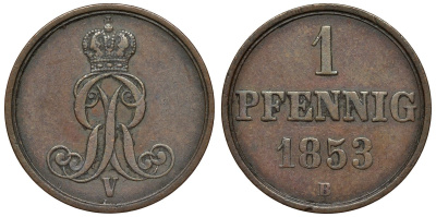 Ганновер 1 пфенниг 1853 B, Георг V KM 221, AKS 155, J. 83 медь 4594-432