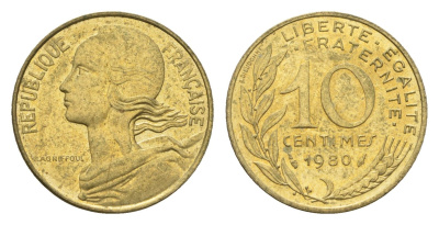 Франция 10 сантимов 1980 KM 929 алюминиевая бронза 4674-613