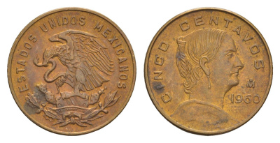 Мексика 5 сентаво 1960 Жозефа Ортис де Домингес KM 426 латунь 4655-1039