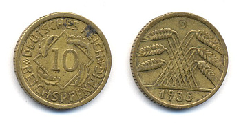 ГЕРМАНИЯ 10 РЕЙХСПФЕННИГОВ 1935 D, KM 40, J. 317 алюминиевая бронза 35-533