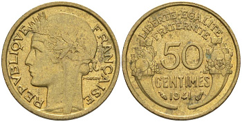 ФРАНЦИЯ 50 САНТИМОВ 1941 ТИП MORLON KM 894.1, LE FRANC 192.18 алюминиевая бронза 44-632