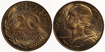 Франция 20 сантимов 1995 тип Marianne KM 930, Le Franc 156.39 медь алюминий никель UNC 4610-947
