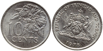 Тринидад и Тобаго 10 центов 1978 цветок гибискуса KM 31 медно-никель 4396-862
