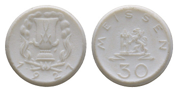 Майсен 30 пфеннигов 1921 Men05 16521.5, Men18 20725.5, Scheuch 168n фарфор 1094-7-74