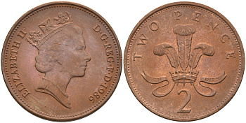 Великобритания 2 пенса 1986 Елизавета II (1952-2022) KM 936, Spink 4376 (C3) бронза 4592-435