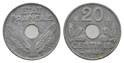 Франция 20 сантимов 1942 KM 900.1, Le Franc 153/2 цинк 4121-251