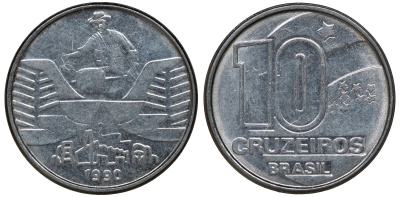 Бразилия 10 крузейро 1990 золотодобыча KM 619.1 нержавеющая сталь aUNC 72-1517