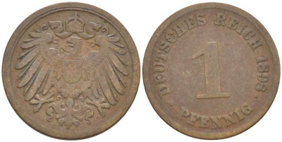 ГЕРМАНИЯ 1 ПФЕННИГ 1898 D KM 10, J. 10, Weege 2 медь 211-232