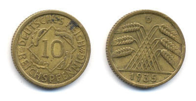ГЕРМАНИЯ 10 РЕЙХСПФЕННИГОВ 1935 D, KM 40, J. 317 алюминиевая бронза 35-533