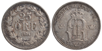 Швеция 25 эре 1874 ST, Оскар II (1872-1907) король Швеции и Норвегии KM 738 серебро 4179-811