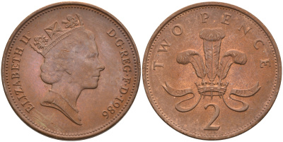 Великобритания 2 пенса 1986 Елизавета II (1952-2022) KM 936, Spink 4376 (C3) бронза 4592-435