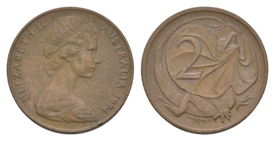 Австралия 2 цента 1974 Елизавета II (1952-2022), плащеносная ящерица KM 63 бронза 4655-1237