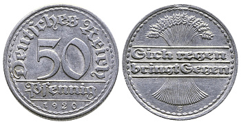 ГЕРМАНИЯ 50 ПФЕННИГОВ 1920 G KM 27, J. 301 алюминий 4380-812