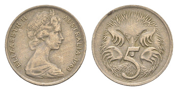 Австралия 5 центов 1968 Елизавета II (1952-2022) молодой портрет, ехидна KM 64 медно-никель 4151-857