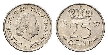 Нидерланды 25 центов 1957 Юлиана (1948-1980) KM 183 никель 4658-813