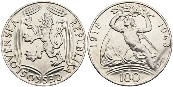 Чехословакия 100 крон 1948 30 лет независимости KM 27 серебро UNC 87-1042