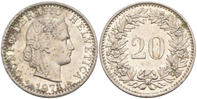 ШВЕЙЦАРИЯ 20 РАППЕНОВ 1971 KM 29a медно-никель 55-934