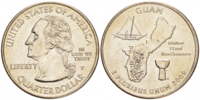 США 25 центов = квотер 2009 P, серия штаты США, Гуам KM 447 медь плакированная медно-никелем UNC M31-1