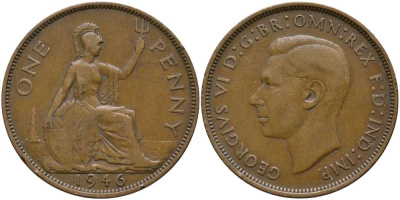 Великобритания 1 пенни 1946 Георг VI (1936-1952) КМ 845, Spink 4114 бронза 115-425