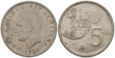 Испания 5 песет 1980 (82) Чемпионат мира по футболу в Испании 1982, Хуан Карлос I (1975-2014) KM 817 медно-никель 213-636