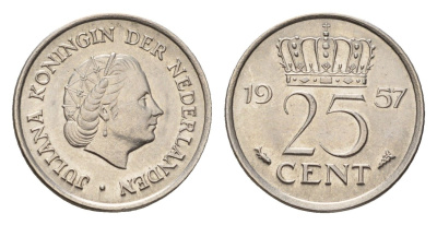 Нидерланды 25 центов 1957 Юлиана (1948-1980) KM 183 никель 4658-813