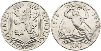 Чехословакия 100 крон 1948 30 лет независимости KM 27 серебро UNC 87-1042