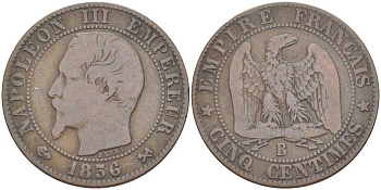 ФРАНЦИЯ 5 САНТИМОВ 1956 B, НАПОЛЕОН III (1852-1870) KM 777.2, LE FRANC 116.31 бронза 111-746