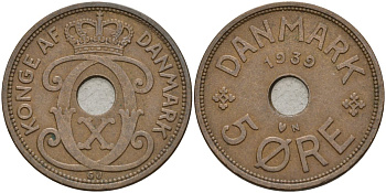 Дания 5 эре 1939 Кристиан X (1912-1947) KM 828 бронза 4148-225