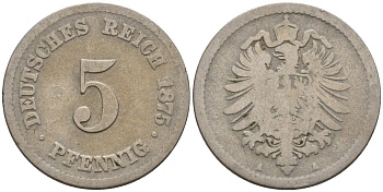 Германия 5 пфеннигов 1875 A, старогербовка KM 3, J. 3 медно-никель 4151-351
