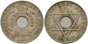 Британская Западная Африка 1/2 пенни 1947 H, Георг VI KM 18 медно-никель 25-1154