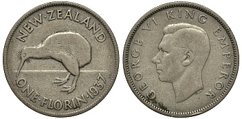 Новая Зеландия 1 флорин 1937 Георг VI (1936-1952), птичка киви, первый год KM 10.1 серебро 272-1424