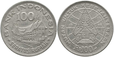 Индонезия 100 рупий 1978 хижина Минангкабау, легендарное дерево жизни KM 42 медно-никель 111-125