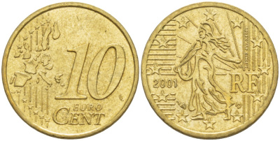 Франция 10 евроцентов 2001 KM 1285 латунь 216-1145