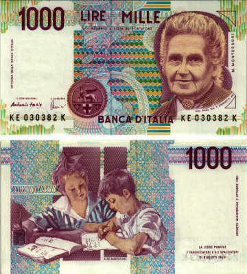 Италия 1000 лир 1990 Мария Монтессори Pick 114с бумага UNC (пресс) 7183-26-2-1