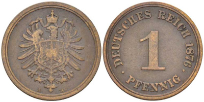 ГЕРМАНИЯ 1 ПФЕННИГ 1876 A, СТАРОГЕРБОВКА KM 1, J. 1, Weege 1 медь 206-1046