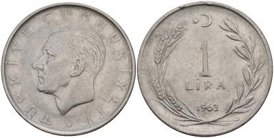 Турция 1 лира 1963 Мустафа Кемаль Ататюрк KM 889a.1 нержавеющая сталь 4149-1241