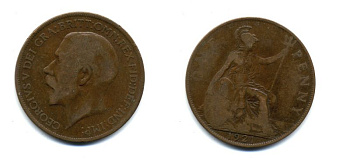 Великобритания 1 пенни 1921 Георг V (1910-1936) KM 810, Spink 4051 бронза 47-541