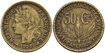 Камерун 50 сантимов 1926 (a), мондвор Париж KM 1 алюминиевая бронза 4164-1258