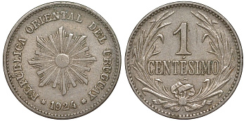 Уругвай 1 сентесимо 1924 KM 19 медно-никель 4181-341