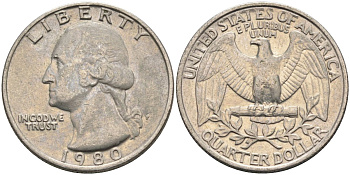США 25 центов (квотер) 1980 P, Вашингтон KM A164a медь плакированная медно-никелем 4584-1125