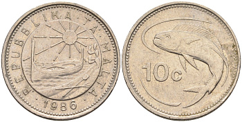 Мальта 10 центов 1986 золотая макрель KM 76 медно-никель 4588-157