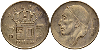 БЕЛЬГИЯ 50 САНТИМОВ 1954 BELGIE KM 145 бронза 4392-763