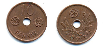 ФИНЛЯНДИЯ 10 ПЕННИ 1943 KM 33.1 медь 51-5038