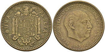 Испания 1 песета 1963 (?) Франсиско Франко (1939-1975) KM 775 алюминиевая бронза 3336-731